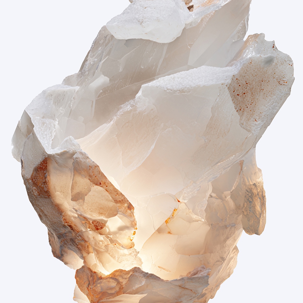 A rough, translucent white crystal formation glowing with a warm golden light from within, isolated on a white background.