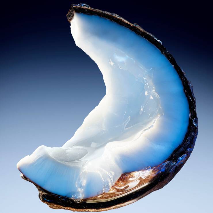 Close-up of glistening white coconut flesh with its brown shell on a blue background.